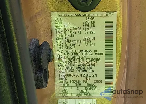 2005 Nissan Frontier Se z USA, uszkodzony, nr VIN 1N6AD06UX5C429054